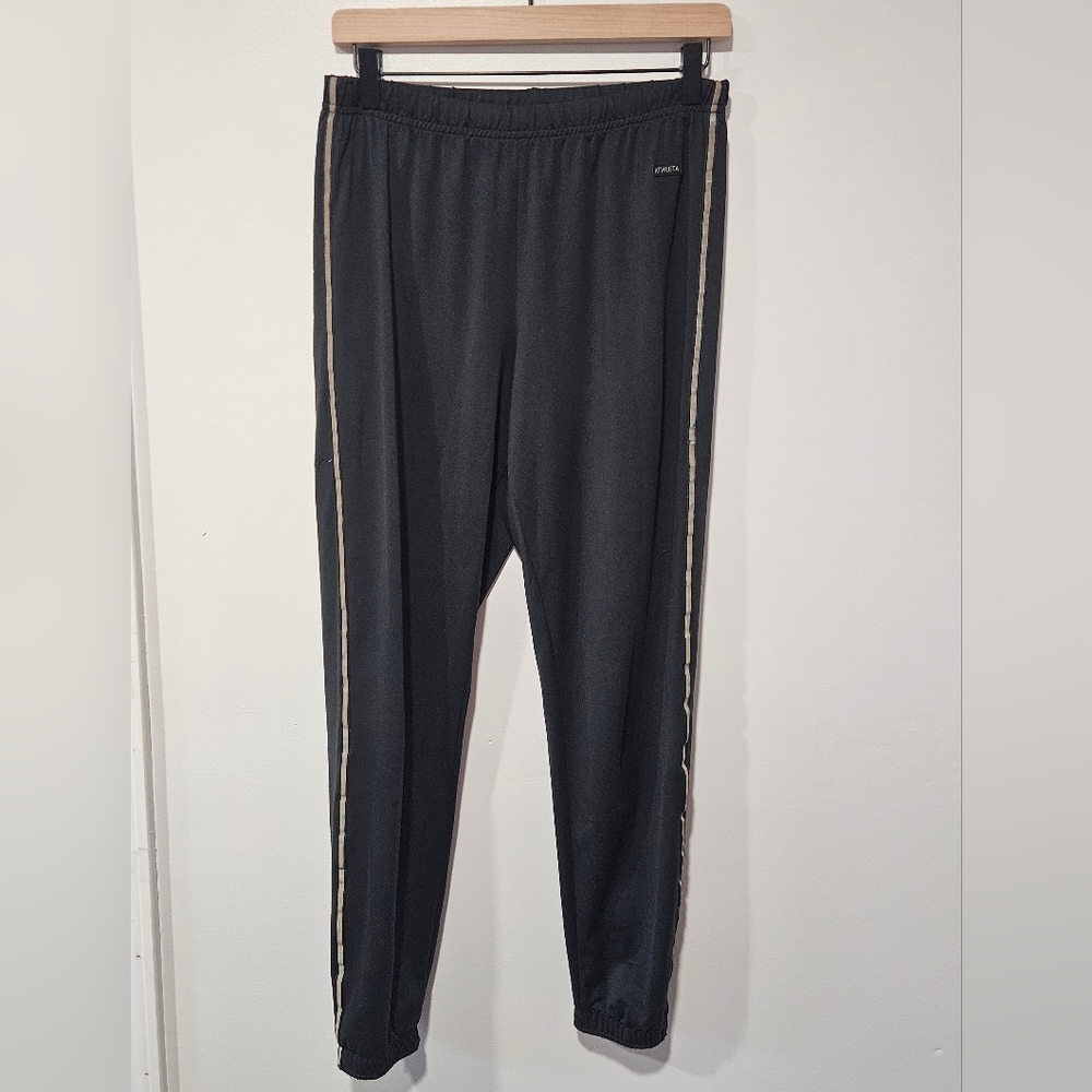 ATHLETA Black Joggers with Tan Side Stripes Cuff Zippers Womens Size Small Long